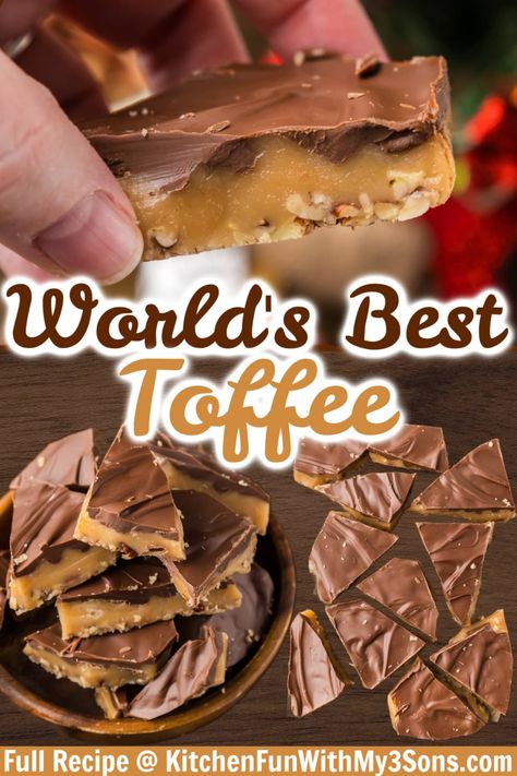 This is by far The Best Toffee Recipe that you'll ever come across, and for good reason! The rich chocolate and salty-sweet toffee are a match made in heaven. It’s a super easy recipe that makes a great holiday snack or gift. Toffee Chocolate Pecan Pie, How To Make Toffee Brittle, Enstrom Toffee Copycat Recipe, Best Toffee Ever - Super Easy, English Toffee Bars, English Butter Toffee Recipe, Homemade Christmas Dessert Gifts, Best Toffee Recipe Ever, Microwave Toffee Recipe