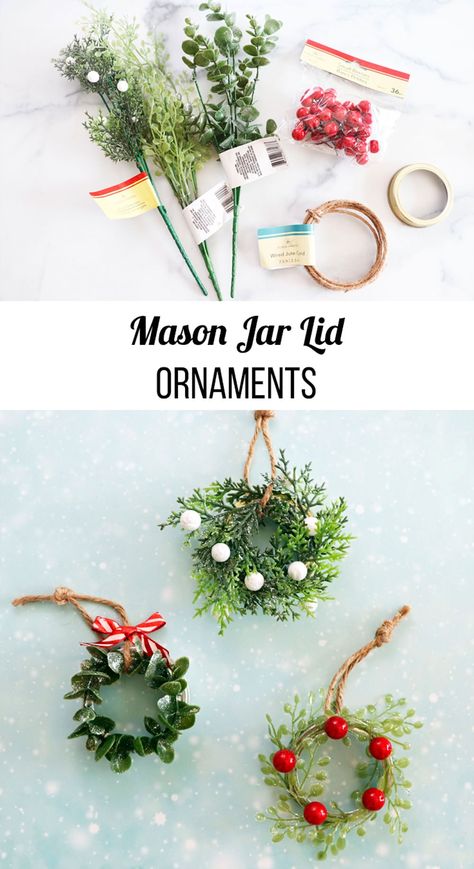 Can Lid Christmas Ornaments, Diy 2023 Christmas Ornaments, Easy Handmade Ornaments Christmas, Cousin Ornaments Diy, Diy Mason Jar Lid Ornaments, Low Cost Diy Christmas Gifts, Jar Ring Ornaments, Diy Camping Ornaments, Christmas Ornaments Made From Canning Jar Rings