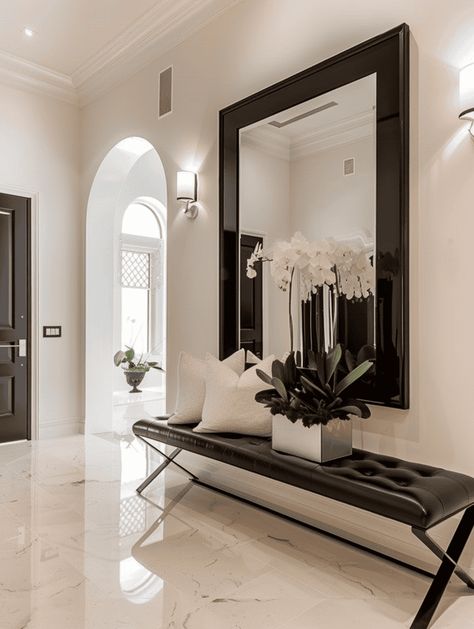 Designing Your Entryway: Sleek Bench & Statement Mirror Entryway Decor Bench And Mirror, Black Modern Mirror, Black Large Mirror, Large Entry Way Mirror Ideas, Large Hallway Decorating Ideas, House Entryway Ideas Modern, Entrance Interior Design Modern, Entryway Mirror And Bench, Entrance Mirror Design