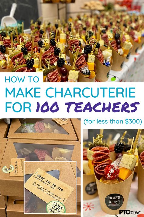 How your PTO can make charcuterie for 100 teachers (for less than $300) Teacher Appreciation Gifts Non Food, Pta Food Ideas, Teacher Appreciation Sandwich Lunch, Teachers Lounge Snacks Cute Ideas, Pto Teacher Snacks, Teacher Lunch Themes, Snacks For Parent Teacher Conferences, Teacher Conference Dinner Ideas, Teacher Appreciation Food Ideas For Staff