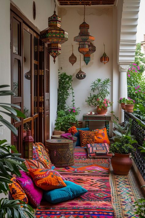 29 Boho Balcony Vibes 1 Colorful Balcony Ideas, Moroccan Balcony Ideas, Small Courtyard Garden Ideas, Moroccan Balcony, Tropical Balcony, Courtyard Garden Ideas, Balcony Vibes, Small Courtyard Garden, Beautiful Front Yard Landscaping