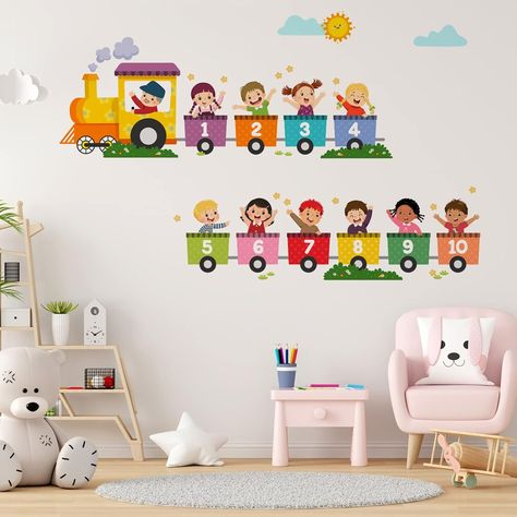 Amazon.com: Train Number Kids Wall Stickers, Learning Colors Figures Preschool Wall Decals Peel and Stick Art Wall Decors, Suitable for Nursery, Baby Room, Kids Playroom, Classroom… : Baby School Wall Art Ideas Classroom, Nursery Class Decoration, School Wall Art Ideas, Stickers Design, Alphabet Wall, Family Decor, Wall Stickers Kids, Baby Supplies, Learning Colors