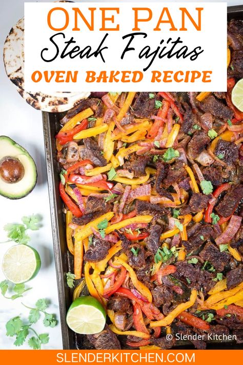 One Pan Fajitas is an easy oven baked steak fajita recipe that is made on a sheet pan. This sheet pan dinner is easy prep, quick cook, and the ultimate dinner that the whole family will gobble right up. Add your favorite fajita toppers and ring that dinner bell. One Sheet Fajitas, Steak Fajita Sheet Pan Dinner, Easy Steak Fajitas Skillet, Beef Fajita Sheet Pan Recipe, Fajita Meat Recipes Easy Dinners, Steak One Pan Dinner, Steak Fajita Sheet Pan, Sheet Pan Flank Steak Fajitas, Flank Steak Fajitas Oven