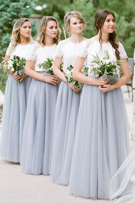 Colored Long Tulle Bridesmaid Dresses #bridesmaids #bridesmaiddresses #wedding #dresses Grey Bridesmaid Dresses Long, Two Piece Bridesmaid Dresses, Tulle Bridesmaid, Grey Bridesmaids, Simple Bridesmaid Dresses, Bridesmaid Gowns, Princess Sleeves, Dress With Pleats, Tulle Bridesmaid Dress