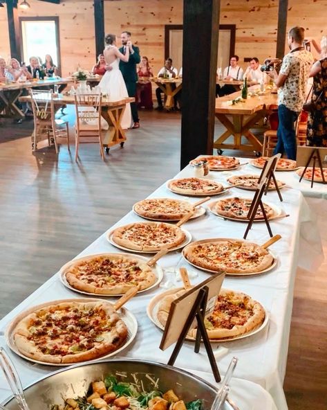 Buffet style wedding reception at the Atrium in Downtown Wilmington. Photographer: Danielle Christine Photography | Private Events Wedding Reception Food Buffet Ideas, Food Stations At Weddings Receptions, Wedding Pizza Bar Elegant, Pizza For Wedding Reception Ideas, Reception Pizza Bar, Family Dinner Style Wedding, Wedding Dinner Alternatives, Meal Ideas For Wedding Reception, Wedding Buffet Italian Food