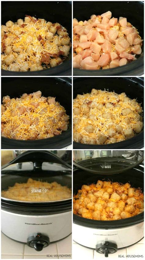 Crock Pot Cheesy Chicken, Bacon, & Tater Tots is a delicious and super easy meal to put together! Your whole family will love it! Crock Pot Cheesy Chicken, Tot Recipes, Tater Tot Bake, Crockpot Foods, Crock Pot Food, Crockpot Ideas, Pot Dinners, Friday Nights, Crockpot Dishes