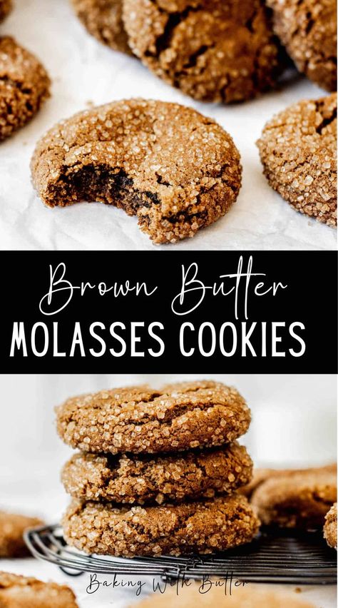 These brown butter molasses cookies are thick and chewy, full of spices and rich molasses. They’re the perfect way to kick off the holiday season. It’s not the holidays without molasses cookies. There is just something about the deep flavors of cinnamon, ginger and molasses. Like a warm hug but in a cookie form. Christmas Food Ideas, Christmas Cookies Recipes, Chewy Molasses Cookies, Molasses Cookies Recipe, Classic Cookies Recipes, Christmas Desserts Easy, Christmas Baking Recipes, Ginger Molasses Cookies, Butter Recipes