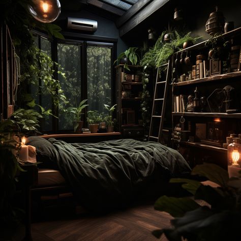 Dark Bedroom Interior Design, Dark Fantasy Room Decor, Dark Fantasy Bedroom Aesthetic, Bedroom Inspirations Dark Academia, Dark Room Bedroom, Dark Room With Plants, Dark Bedroom Cozy, Dark Moody Bedroom Decor, Dark Gothic Interior Design