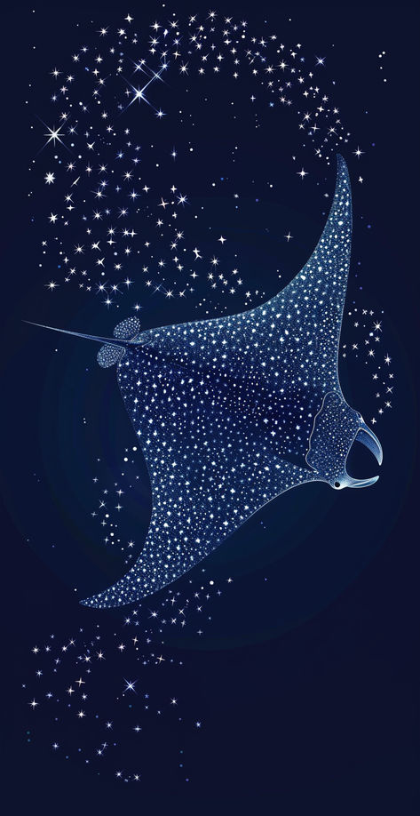 Behold the ethereal beauty of a manta ray crafted from stars, gliding gracefully against a deep blue night sky. This simple yet striking vector illustration blends the mysterious charm of Edward Gorey with the delicate elegance of Yoshitaka Amano.🐠🌟 #CelestialArt #MantaRay #StarryNight #VectorIllustration #EdwardGorey #YoshitakaAmano #MinimalistArt #EtherealBeauty #NightSkyArt #FantasyIllustration #CosmicCreatures #ArtisticElegance #art #fyp #foryoupage Aquatic Illustration Art, Sting Ray Wallpaper Aesthetic, Manta Rays Aesthetic, Mantaray Aesthetic, Swimming With Manta Rays, Manta Ray Wallpaper Iphone, Mantaray Wallpaper, Mantaray Painting, Manta Ray Embroidery