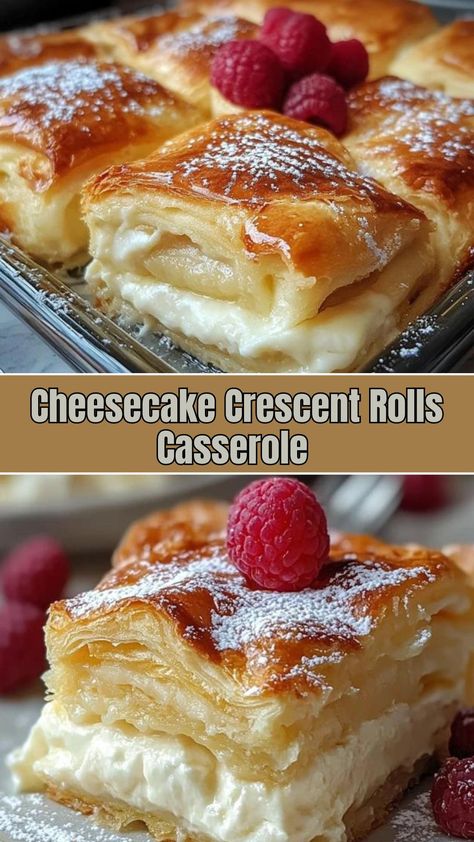 Cheesecake Crescent Rolls Casserole: A Quick and Delicious Dessert! - Delicious Recipes - Easy Cooking Ideas and Tasty Dishes Croissant Cheesecake Bars, Crescent Roll Cream Cheese Bars, Casserole Recipes Dessert, Crescent Roll Pastry Recipes, Crescent Roll Apple Cheesecake, Cream Cheese And Crescent Rolls Desserts, Pillsbury Crescent Dessert Recipes, Easy Pan Desserts, Crescent Roll Cheesecake Casserole