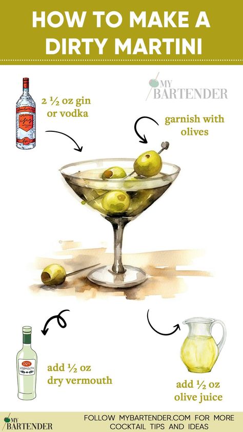 Embrace the bold sophistication of a Dirty Martini! 🌿✨ Blend premium gin or vodka with a splash of briny olive juice for a perfectly balanced sip. Garnish with plump olives for the ultimate savory touch. Elevate your at-home mixology experience and enjoy the allure of a perfectly crafted Dirty Martini. Cheers to bold flavors and timeless elegance! 🌟🍹 #DirtyMartini Olive Martini Recipe, Extra Dirty Gin Martini Recipe, Dirty Martini Recipe With Gin, Big Batch Martini Recipe, Martini Food Pairing, Filthy Martini Recipe, How To Make A Martini, Gin Martini Recipes, Dirty Gin Martini