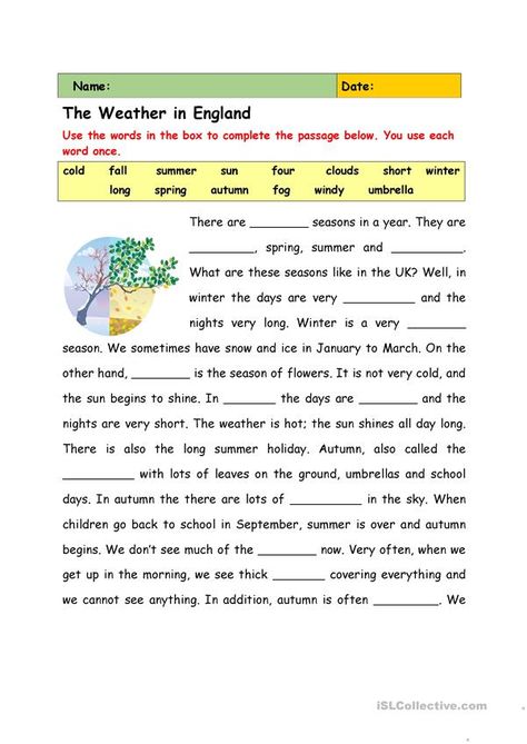 The Weather in England - English ESL Worksheets for distance learning and physical classrooms Weather Reading Comprehension, Cognitive Worksheets, Ideas Bookmark, Cloze Passages, Reading Comprehension Texts, Weather Vocabulary, Reading Comprehension For Kids, English Grammar Exercises, Reading Comprehension Lessons