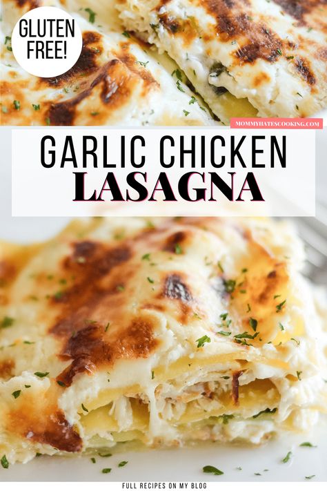 Gluten Free Garlic Chicken Lasagna is the perfect choice for an easy dinner using oven-ready pasta and it serves up to 8! Healthy Gluten Free Dinner Recipes For Family, Meat Free Easy Dinners, Dinner Ideas Gluten Free Main Dishes, Gf Dinner Recipes Chicken, Low Carb Chicken Lasagna, Gluten Free Crockpot Dinners, Healthy Gluten Free Dinner Ideas, Gluten Free Easy Bake Oven Recipes, Easy Delicious Gluten Free Dinners