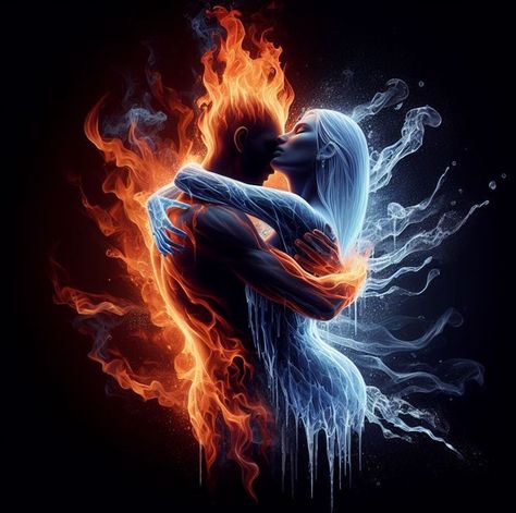 Fire Guy Art, Water And Fire Art, Fire And Water Couple, Lovers Illustration Art, Fire And Ice Tattoo, Fire And Water Art, Wallpaper For Lovers, Biomech Tattoo, Twin Flame Art