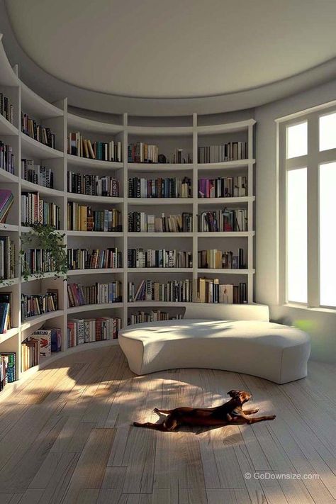 Floor To Wall Bookshelf, House Design Library, Corner Shelves Library, Round Room Ideas, Round Room Interior Design, Small House Library, Modern Library Aesthetic, In House Library, Library In Bedroom