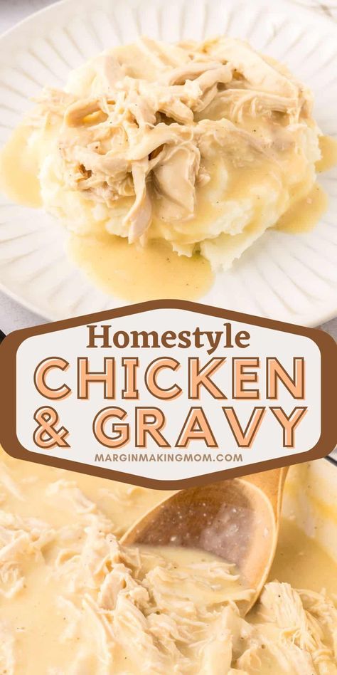 This chicken and gravy recipe is a southern classic comfort food! It's easy to make, and we love to serve it over mashed potatoes, noodles, rice, or biscuits. It's SO good--the type of old-fashioned meal your grandma would've made! Chicken Gravy Biscuits, Chicken Gravy And Biscuits Easy, Hot Chicken Sandwiches Gravy Mashed Potatoes, Gravy Meals Dinners, Biscuits And Gravy Chicken, Easy Meal Dinner Ideas, Leftover Chicken Gravy Recipes, Rotisserie Chicken Gravy Recipes, Chicken In Gravy Over Mashed Potatoes