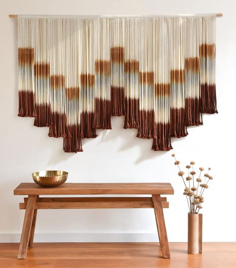 PRICES MAY VARY. Material: 100% Cotton macrame cord 4mm,With Eco-friendly organic dye. Dimensions:Large macrame Wall hanging: 59''W*35''L Turn any space into a dreamland of nature with the design of modern geometric figures, combined with the perfect combination of symmetrical triangular patterns.Perfectly fit in a bed wall headboard,living room wall,gallery wall decor,fire place,couch,boho bedroom decor or near a window ect. The Tie-Dye Geometric macrame wall hanging can invisible mounting brac Living Room Wall Gallery, Wall Headboard, Large Scale Wall Art, Macrame Wall Hanging Large, Fiber Wall Art, Macrame Wall Decor, Headboard Wall, Large Macrame Wall Hanging, Gallery Wall Decor