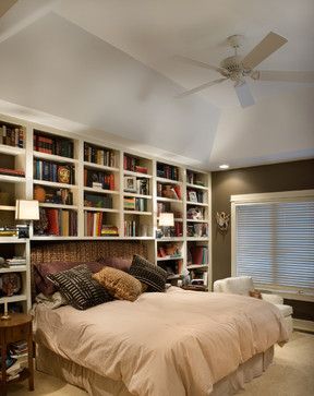 bookshelves around bed, swing arm lamps, nightstands in front of bookshelves (can't do without nightstands) Bed Bridge, Bedroom Shelving, Bookshelves Bedroom, Bedroom Bookshelves, Bedroom Bookshelf, Rooms Bed, Bookshelf Headboard, Bookshelf Ideas, Library Bedroom