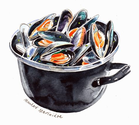 Mussels Mussels Drawing, Seafood Art, Watercolour Wash, Recipe Drawing, Art Tutorials Watercolor, Watercolor Food, Pottery Painting Designs, Illustration Work, Food Painting