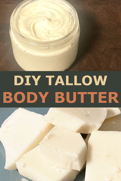 This homemade whipped tallow body butter lotion is fantastic for all skin types, especially dry skin. It is made from completely natural ingredients and essential oils and will keep your skin hydrated even in the driest climates! Tallow Candles With Essential Oils, Easy Body Butter Recipes 3 Ingredients, How To Make Whipped Tallow Lotion, Beef Tallow Whipped Body Butter, Diy Beef Tallow For Face, Whipped Tallow Face Cream Diy, Tallow Body Scrub, Homemade Beef Tallow Lotion, Whipped Tallow Lotion Recipe