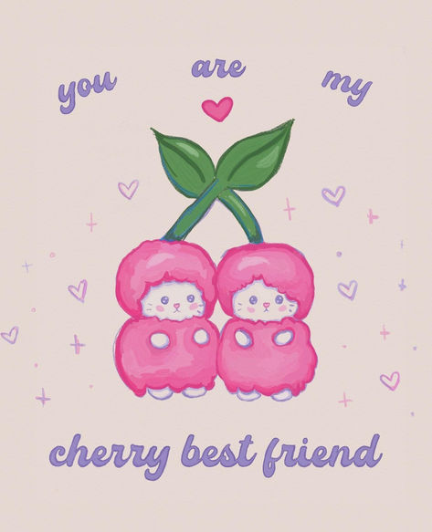 Cute Best Friends Illustration, "You are my Cherry Best Friend." Cute drawing. Cute Best Friend Paintings, Cute Besties Drawing, Drawings For Besties, Cute Friendship Drawings, Doodle For Friends, Matching Bff Paintings, Besties Drawing Easy, Cute Doodle Art For Best Friend, Painting Ideas For Besties