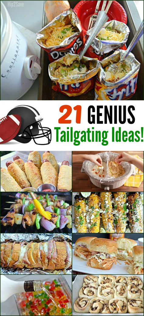 This fall, get the tailgating party started with these 21 winning football food ideas! Simple Superbowl Party Food, Tailgate Theme Ideas, Easy Superbowl Party Food Ideas, Easy Tailgate Meals, Taco Bar Tailgate Ideas, Appetizers For Tailgate Party, School Tailgate Ideas, Talegate Food Tailgating, Easy Tailgate Food Crowd Pleasers