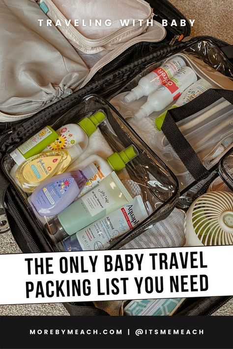 A picture of baby travel essentials packed in a suitcase. Packing For An Infant, 6 Month Travel Packing List, Newborn Vacation Packing List, Infant Vacation Packing List, Packing List For Travel With Baby, Traveling With Newborn Packing Lists, Infant Travel Hacks, Travel List For Baby, 8 Month Old Packing List