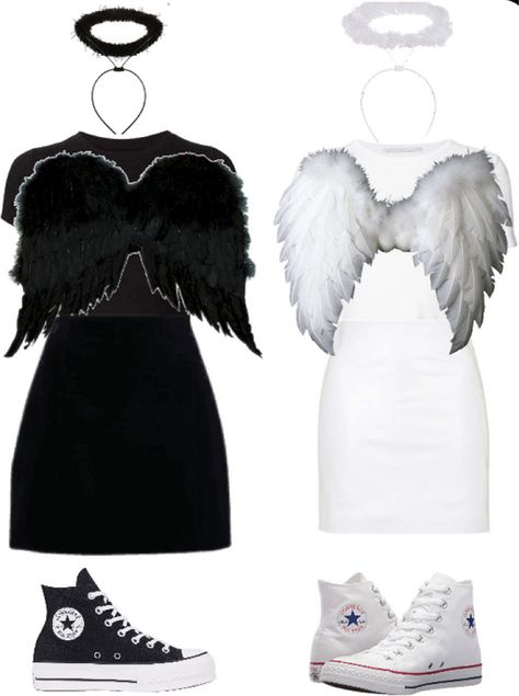 Black And White Angles Costumes, Good And Bad Angel Costume, Angle Dress Costume, Good Angel Bad Angel Costumes, Halloween Dance Dresses, Black Themed Halloween Costume, Black Angles Halloween Costumes, Dark Angel And White Angel Costume, Angle Costumes Halloween