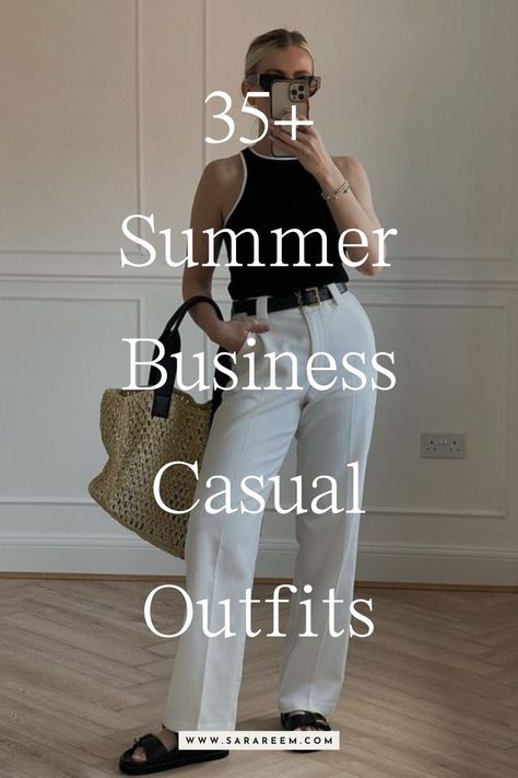 Looking for relaxed yet polished business casual outfit ideas to try this summer? You'll love this list of 35+ summer business casual outfits that are so versatile and stylish. Casual chic summer work outfits, office outfits. Business Casual Women Outfits Chic Summer, Casual Office Outfits Women Summer Work Attire Flats, What To Wear To The Office In The Summer, Women Summer Office Outfits, Mid Size Fashion Summer Work, Summer Classy Outfits Woman, Summer Outfits For Office Women, Basic Work Outfits Summer, Hot Summer Work Outfits Business Casual