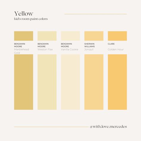 Yellow Paint Color Palette Yellow Toned White Paint, Pale Yellow Ceiling, Girly Nursery Ideas Yellow, Yellow Bedroom Paint Ideas, Yellow Nursery Accent Wall, Yellow Paint Interior, Faint Yellow Paint Colors, Light Yellow Playroom, Soft Mustard Paint Color