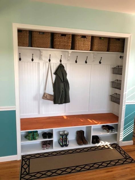 Closet Into Nook, Front Closet Makeover, Hall Closet Makeover, Entry Closet Makeover, Entry Closet Ideas, Mudroom Closet Makeover, Functional Closet, Front Hall Closet, Nest Ideas