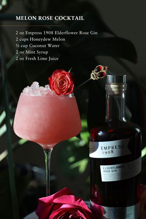 Empress Elderflower Rose sings alongside honeydew sweetness, cooling mint, and refreshing coconut in @hannahlin’s latest creation 🌹 To mix up the delicious Melon Rose Cocktail at home, add melon, coconut water, mint syrup, and lime juice to a blender and blend for 45 seconds. Fine strain out the solids. Fill a goblet with pebble ice and add 6 oz of the honeydew mixture to your glass. Pour Empress 1908 Elderflower Rose Gin over top and stir. Top with more ice, garnish with a rose petal & enjoy! Honeydew Cocktail, Pebble Ice, Mint Syrup, Drink Syrups, Rose Cocktail, Cocktail And Mocktail, Liquor Drinks, Cocktail Garnish, Boozy Drinks