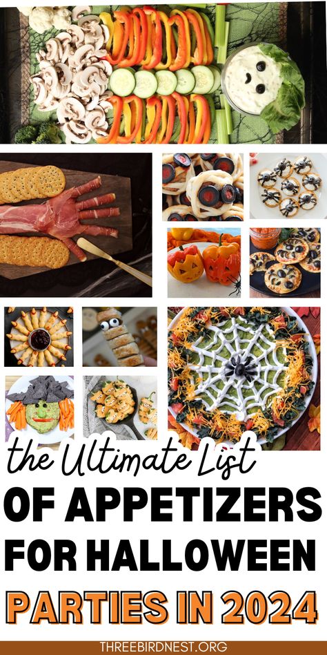 Monster Munchies: Ultimate Halloween Appetizers for a Haunted Feast - This Little Nest HALLOWEEN APPETIZERS -- The Ultimate list of Halloween Appetizers for your Adult Halloween Party. Make is a Spooky event no one will ever forget! The best Halloween appetizers, Halloween party food, Halloween finger foods, best Halloween party food ideas. Halloween Party App Ideas, Cheap Halloween Appetizers For Party, Appetizer Recipes For Halloween Party, Good For Halloween Party, Halloween Party Food Items, Halloween Cookout Food, Halloween Party Menu Food, Food To Bring To A Halloween Party, Halloween Apitizer Ideas