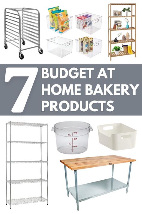 If you're starting an at home bakery business then check out this supply list to get your business open fast! This list has the tools and products to help organize and design your kitchen workspace, plan how to stock your supplies, and give you ideas for how you can layout your own kitchen. Get tips from an experienced cottage bakery who has found a way to make money while being at home. Visit AlchemyBread.com for design inspiration, how to DIY opening your own business, even lessons on baking! Home Bakery Workspace, Small Bakery Kitchen Ideas, Garage Bakery Ideas, Kitchen Bakery Ideas, Home Bakery Decor, Bakery Studio Ideas, Organize Home Bakery, What Do You Need To Open A Bakery, Home Based Bakery Kitchen