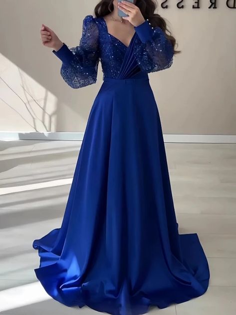 A-Line Evening Gown Sparkle & Shine Black Dress Formal Fall Sweep / Brush Train Long Sleeve V Neck Satin with Glitter Pleats Strappy 2023 2023 - US $138.99 Straight Wedding Dresses, Gown Elegant, Easy Dress, Dresses Formal Elegant, Fancy Dresses Long, Black Dress Formal, Evening Gowns Elegant, فستان سهرة, Royal Blue Dresses