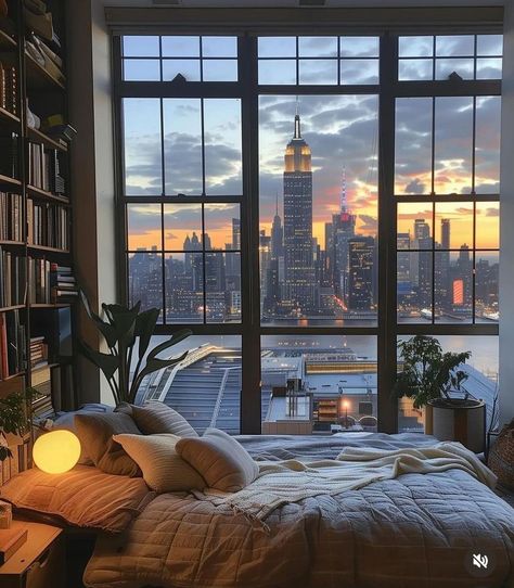 Small New York Apartment Aesthetic, Nyc Apartment Bedroom, On Top Of Building, Top Of Building, Nyc Apartment Aesthetic, New York Studio Apartment, New York Bedroom, Nyc Studio Apartments, Nyc Loft