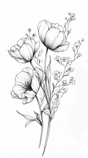 ↑↑↑ Larger size on website 🔸 A black and white line drawing of a delicate bouquet of flowers. The flowers are drawn with intricat Black And White Flower Illustration, Flower Line Art Drawings, Botanical Drawings Black And White, Line Work Flowers, Ink Flower Drawing, Drawn Flower Bouquet, Bunch Of Flowers Drawing, Botanical Art Drawing, Realistic Flower Drawing