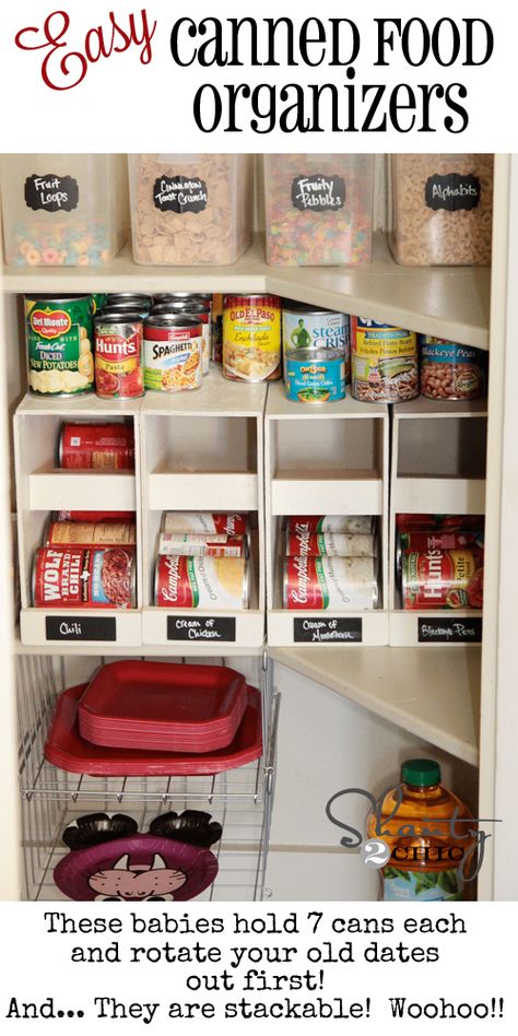 DIY: Stackable Canned Food Organizer Plans Squat Motivation, Organized Pantry, Organisation Hacks, Kitchen Hacks Organization, Can Storage, Diy Cans, Recipe Organization, Organization Planning, Pantry Storage