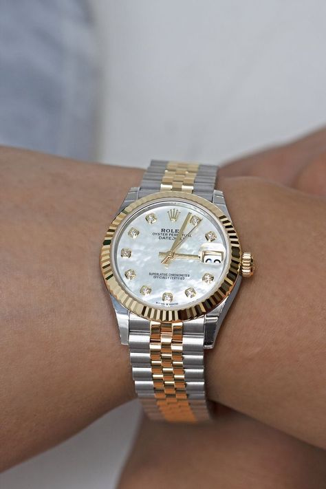 Rolex Datejust Mother of Pearl diamond dial, two-tone jubilee bracelet, fluted bezel. Rolex Datejust Mother Of Pearl, Women Two Tone Watch, Daydate Rolex Women, Classic Rolex Women, Silver And Gold Rolex Women, Date Just Rolex Women, Women’s Rolex Datejust, Woman’s Rolex Watch, Rolex Dayjust Woman