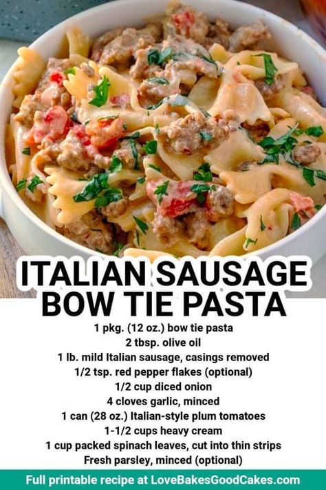 Sausage Bow Tie Pasta, Bow Tie Pasta Recipe, Love Bakes Good Cakes, Good Cakes, Bow Tie Pasta, Italian Sausage Pasta, Italian Sausage Recipes, Mild Italian Sausage, Bowtie Pasta