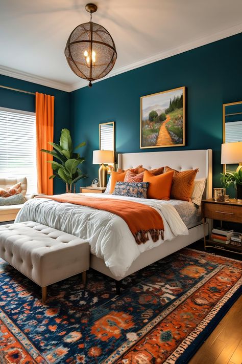 DGEXP Home's Amazon Page Contemporary Modern Bedroom, Bold Bedroom, Fall Bedroom Decor, Teal Bedroom, Stile Boho Chic, Orange Home Decor, Bedroom Orange, Bed Design Modern, Fall Bedroom