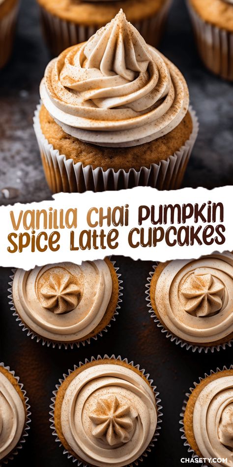 Vanilla Chai Pumpkin Latte Cupcakes - Chasety Vanilla Chai Pumpkin Cupcakes, Vanilla Chai Cupcakes Recipes, Fall Recipes Baking Desserts, Fall Ideas Food, Chai Cupcakes Recipe, Vanilla Pumpkin Cupcakes, Vanilla Chai Dessert, Fall Recipes Cupcakes, Vanilla Chai Pumpkin Latte Cupcakes