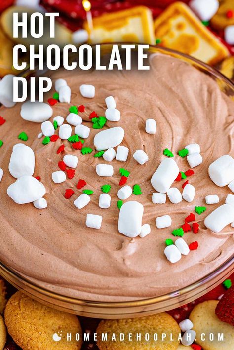 Hot Chocolate Dip! Turn the most comforting drink into a decadent party dip with this 4-ingredient hot chocolate dip, topped with marshmallows and served with cookies and fruit! | HomemadeHooplah.com Hot Chocolate Dip Recipe, Hot Chocolate Dip, Chocolate Dip Recipe, Christmas Dip, Chocolate Dip, Party Dip, Frozen Hot Chocolate, Sweet Dips, Cocoa Cookies