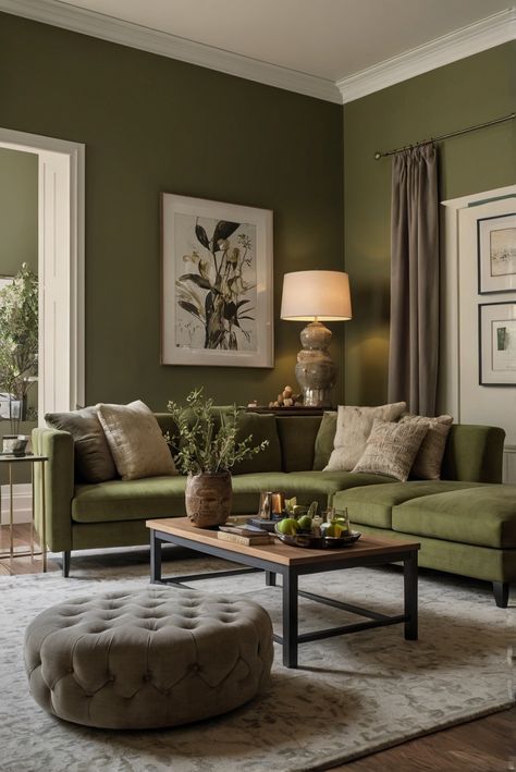 Get ready to be inspired by the timeless elegance of Ripe Olive (SW 6209) as we bring you the ultimate interior designer routine for 2024. #Ad #homedecor #homedesign #wallpaints2024 #Painthome #interiorarchitecture Wall Colors Green Living Room Colors Bright Living Room Colors Apartment Renovation Living room Remodeling Modern Paint Colors 2024 House Interior Living Room Colors, Olive Green Lounge Room, Sage Green And Gold Living Room Ideas, Moss Green Home Decor, Dark Green Front Room, Olive Green Walls Living Room Decor, Green Wall White Furniture, Living Room Wall Color Green, Olive Green Interior Paint