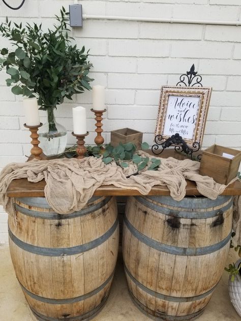 Western Wedding Sign In Table, Barrel Party Decor Ideas, Outdoor Boho Bridal Shower Ideas, Rustic Boho Reception Decorations, Western Wedding Gift Table Ideas, Cowhide Centerpiece Wedding, Spandex Tablecloth Decor Ideas, Old West Wedding Theme, Ranch Wedding Centerpieces