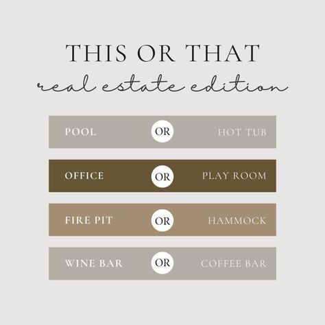 Lets play a fun game of this or that- real estate edition! Which ones would you rather have in the home of your dreams? If you had to choose, what is a must-have in your home? Leave your answers in the comments. #realestate #joeprather #joepratherrealtor #whosnextrealestate #realestateagent #RealEstateInvestor #realestatelife #realestatemarketing #realestateagents #realestateadvice #realestateforsale #realestateexperts #realestateexpert #realestateteam #realestatebrokers #RealEstateLifeStyle Real Estate Fb Post Ideas, Real Estate Posting Ideas, Realtor This Or That, This Or That Questions Real Estate, Facebook Real Estate Posts, Real Estate Instagram Captions, Real Estate Announcement Ideas, Real Estate This Or That Post, Real Estate Introduction Post