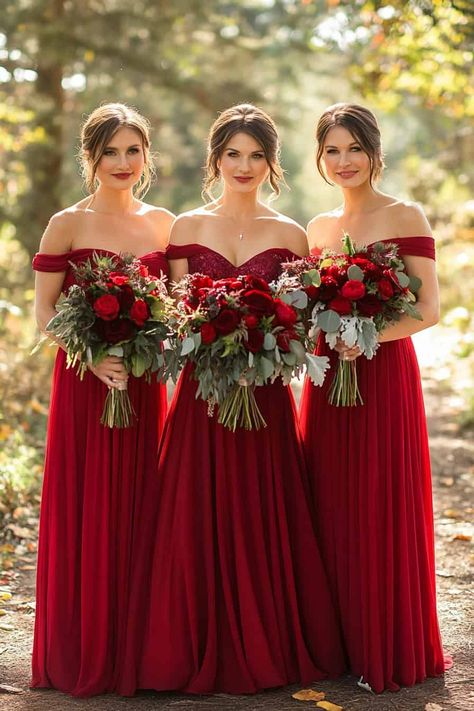 25 Stunning Ideas For A Red Rose Wedding Theme • Winter Wedding Red Bridesmaid Dresses, Christmas Themed Wedding Dresses, Ted Bridesmaid Dresses, Red Wine Bridesmaid Dresses, Red Maid Of Honor Dress, Christmas Wedding Bridesmaids Dresses, Red Rose Themed Wedding, Black And Red Wedding Ideas, Christmas Wedding Bridesmaids