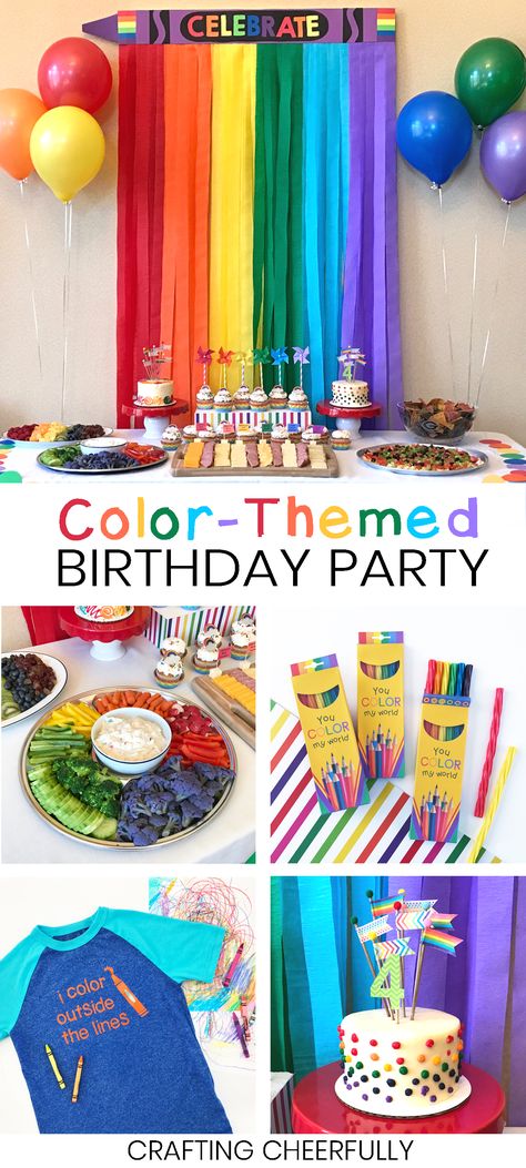 Celebrate a fun birthday with a fun color-themed birthday party! From the food to the games and decorations, this party is full of COLOR! Lots of fun DIY ideas. Multi Color Birthday Party Ideas, Color Crayon Birthday Party, Primary Colours Birthday Party, Primary Colour Birthday Party, Color Party Decoration Ideas, Crayola Party Decorations, Crayons Party Ideas, Color Me Happy Party, Color Splash Birthday Party