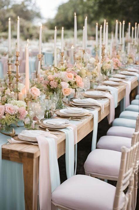 Pretty pastel wedding table decorations 🩷 Dusky Pink Wedding Table Decorations, Wedding Decor Pastel Colors, Pink And Green Wedding Centerpieces, Wedding Table Decorations Long, Pastel Wedding Table Setting, Pastel Table Decorations, Wedding Table Decorations Pastel, Pastel Wedding Theme Decoration, Blush Wedding Table Decor