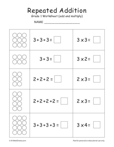 Repeated Addition - Add and Multiply - Grade 1 Worksheets Repeated Addition Worksheets Grade 2, 1st Grade Multiplication Worksheets, Grade 1 Multiplication Worksheets, Addition And Multiplication Worksheets, Multiply Worksheet Grade 2, Repeated Addition Worksheets For Grade 1, Maths Multiplication Worksheets Grade 1, Addition Grade 1 Worksheets, Multiplication For Grade 2